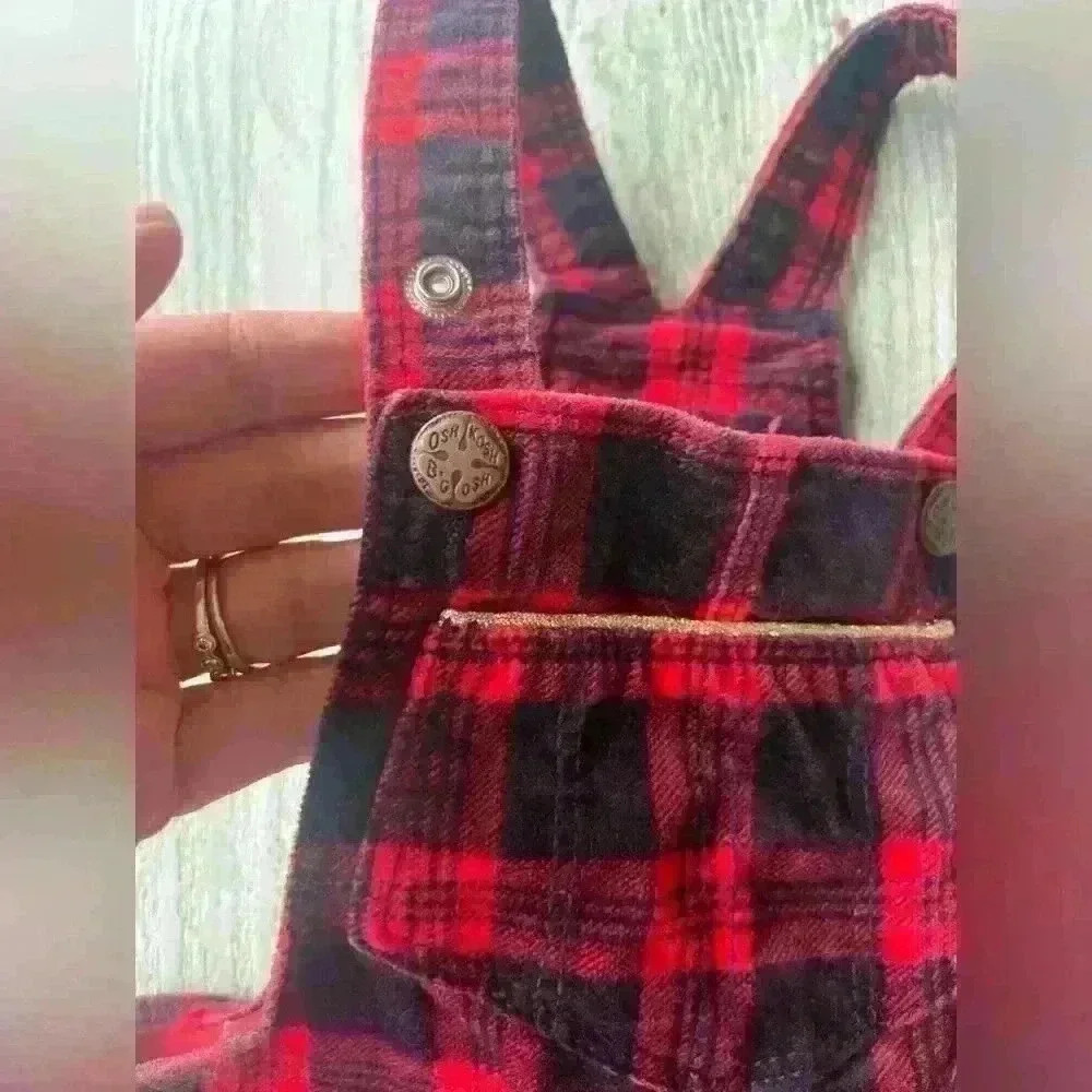 Girls Osh Kosh B’Gosh Buffalo plaid velvet overall jumper dress- 6 months - Picture 2 of 5